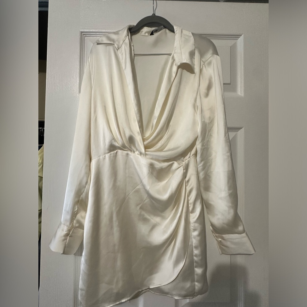 Zara Satin Mini Dress with Long Sleeves in CREAM